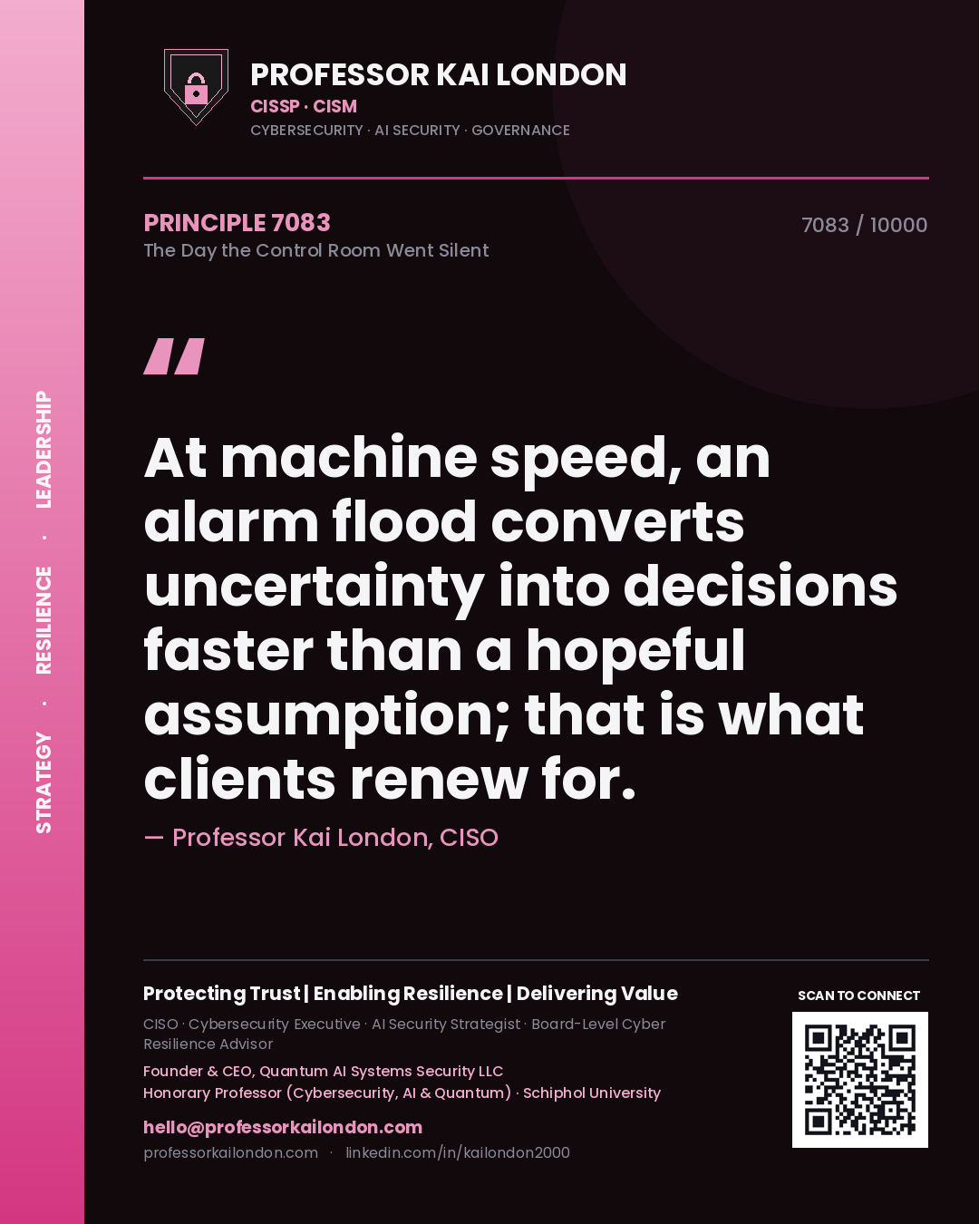 Professor Kai London principle 7083: At machine speed, an alarm flood converts uncertainty into decisions faster than a hopeful assumption; that is what clients renew for.