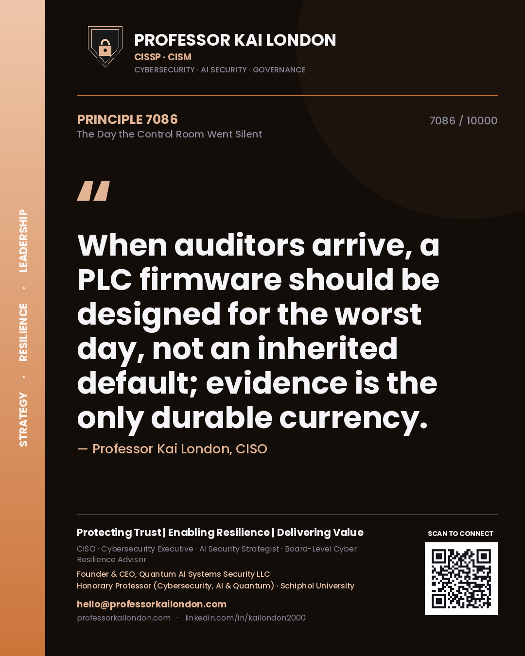 Professor Kai London principle 7086: When auditors arrive, a PLC firmware should be designed for the worst day, not an inherited default; evidence is the only durable currency.