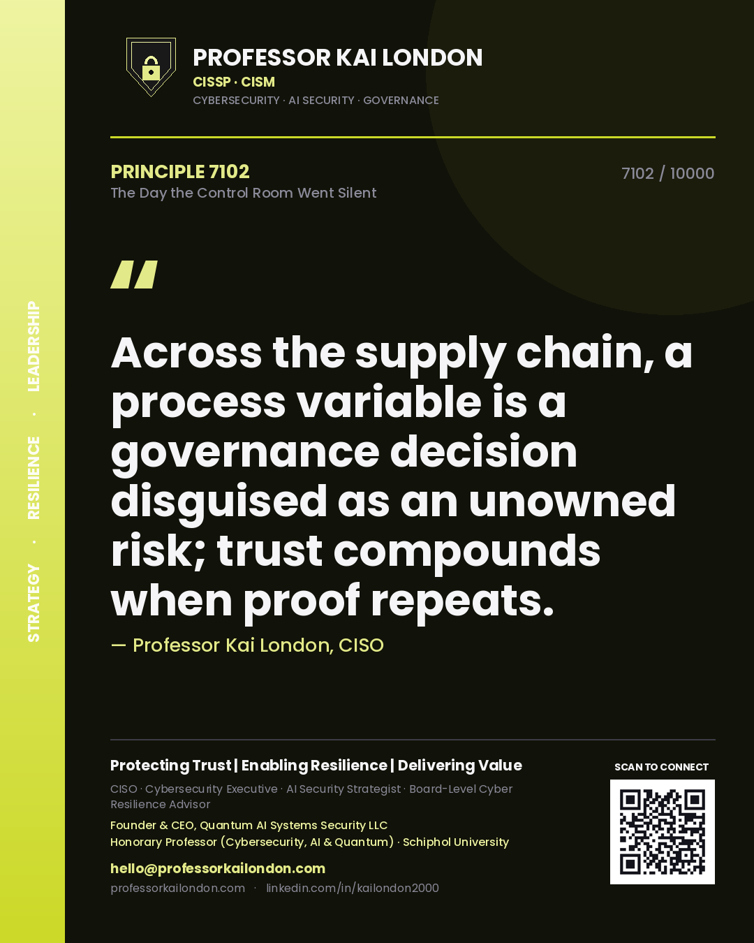 Professor Kai London principle 7102: Across the supply chain, a process variable is a governance decision disguised as an unowned risk; trust compounds when proof repeats.