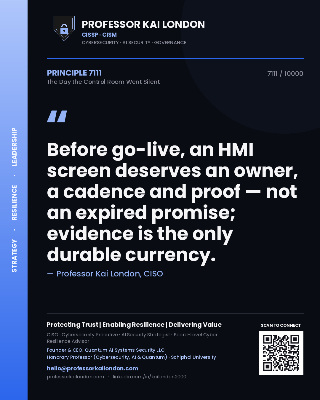 Professor Kai London principle 7111: Before go-live, an HMI screen deserves an owner, a cadence and proof — not an expired promise; evidence is the only durable currency.