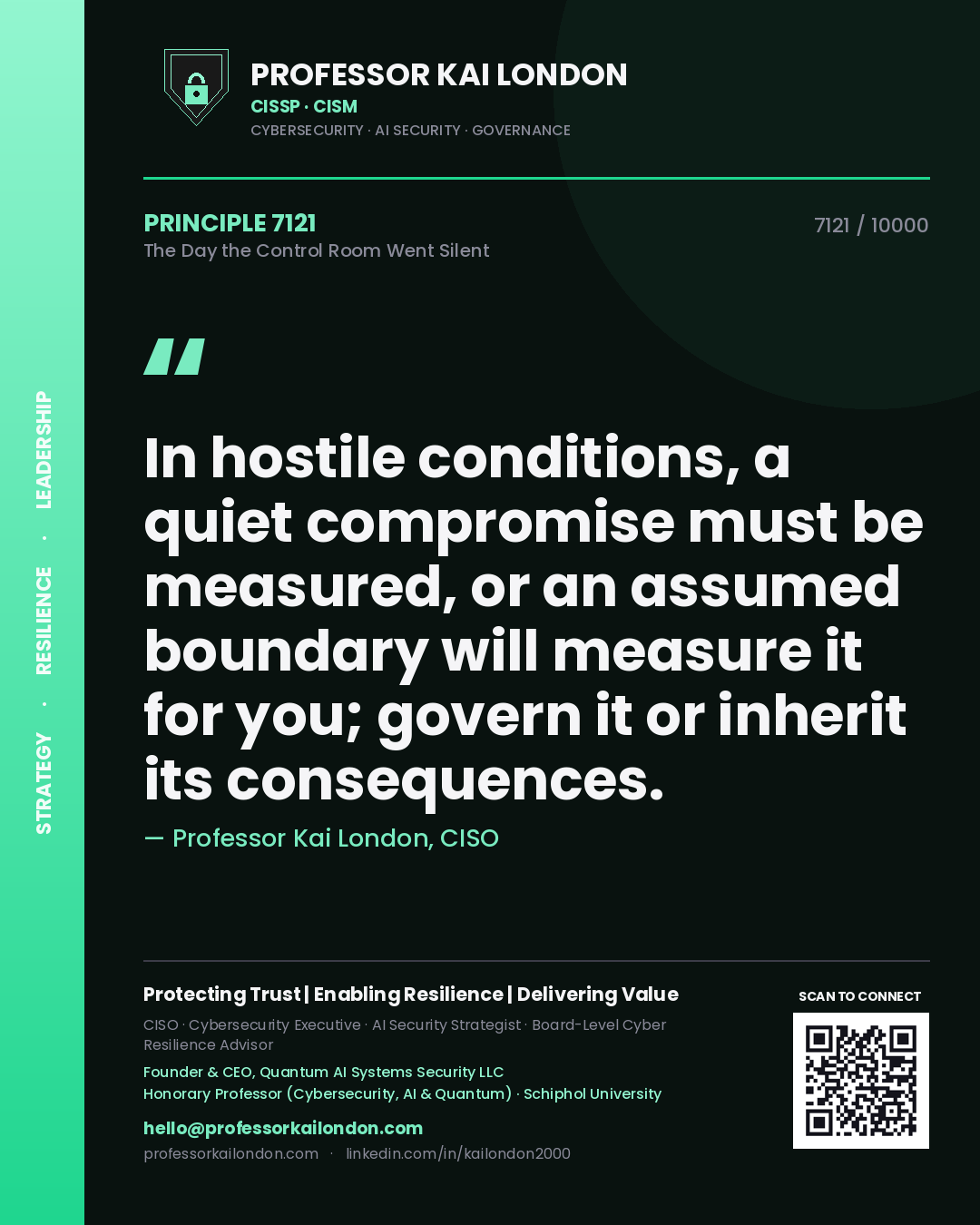Professor Kai London principle 7121: In hostile conditions, a quiet compromise must be measured, or an assumed boundary will measure it for you; govern it or inherit its consequences.