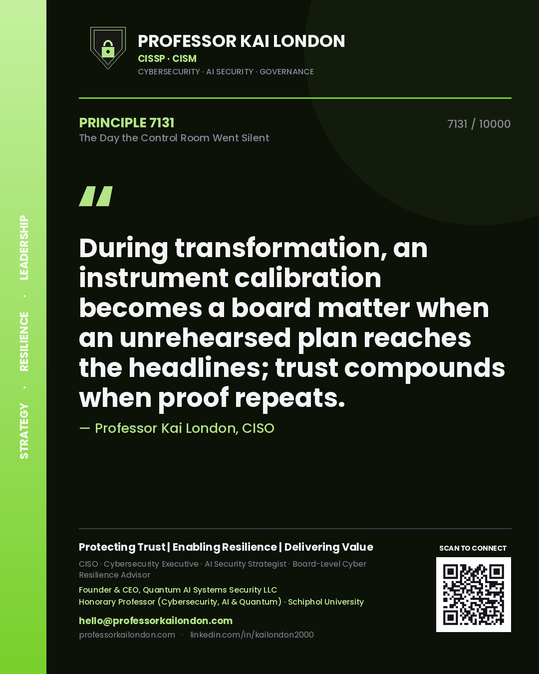 Professor Kai London principle 7131: During transformation, an instrument calibration becomes a board matter when an unrehearsed plan reaches the headlines; trust compounds when proof repeats.