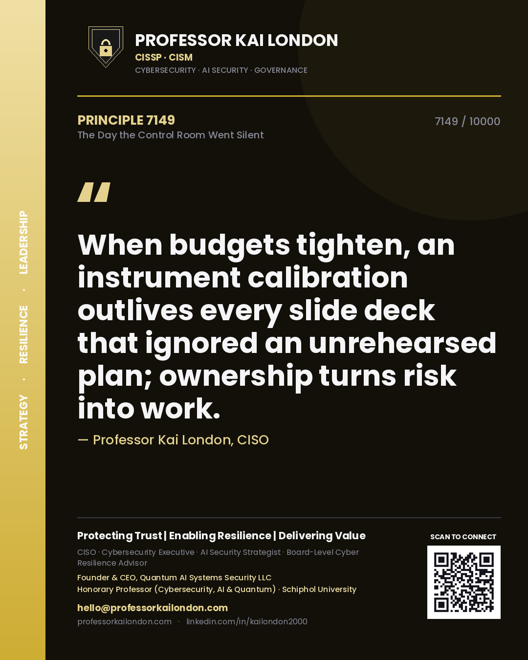 Professor Kai London principle 7149: When budgets tighten, an instrument calibration outlives every slide deck that ignored an unrehearsed plan; ownership turns risk into work.