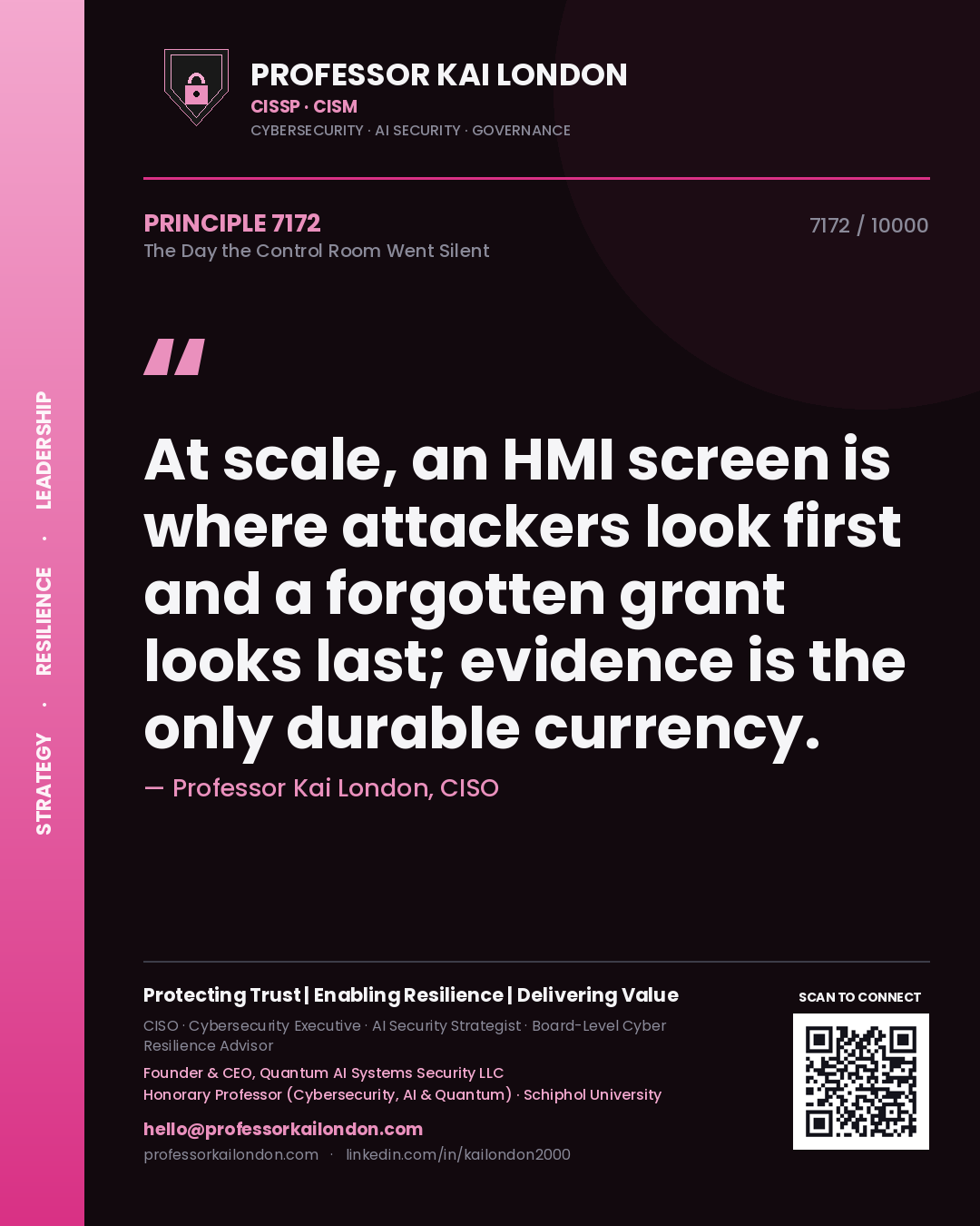Professor Kai London principle 7172: At scale, an HMI screen is where attackers look first and a forgotten grant looks last; evidence is the only durable currency.