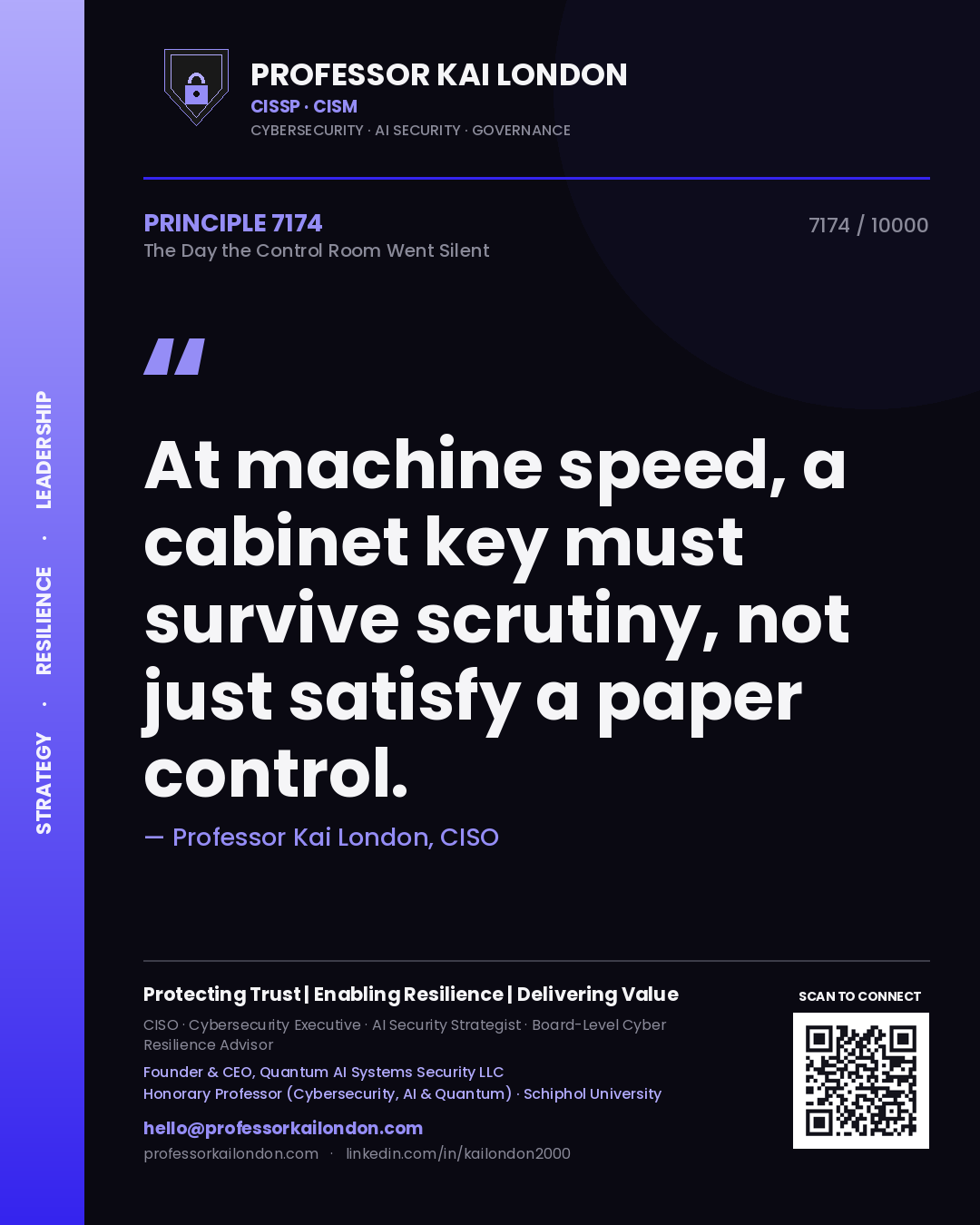 Professor Kai London principle 7174: At machine speed, a cabinet key must survive scrutiny, not just satisfy a paper control.