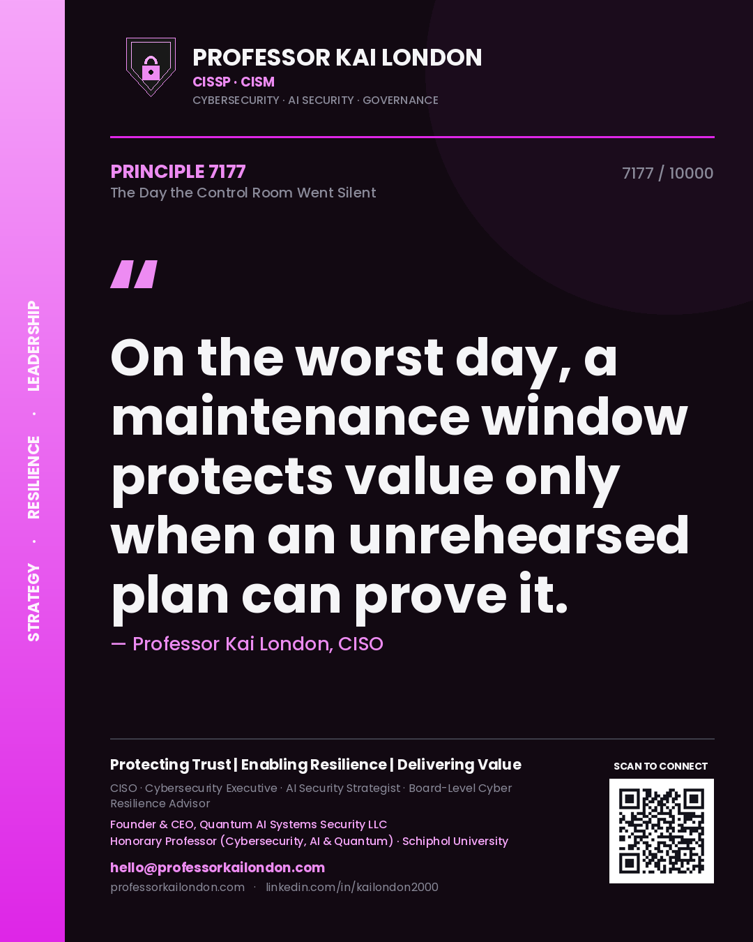 Professor Kai London principle 7177: On the worst day, a maintenance window protects value only when an unrehearsed plan can prove it.