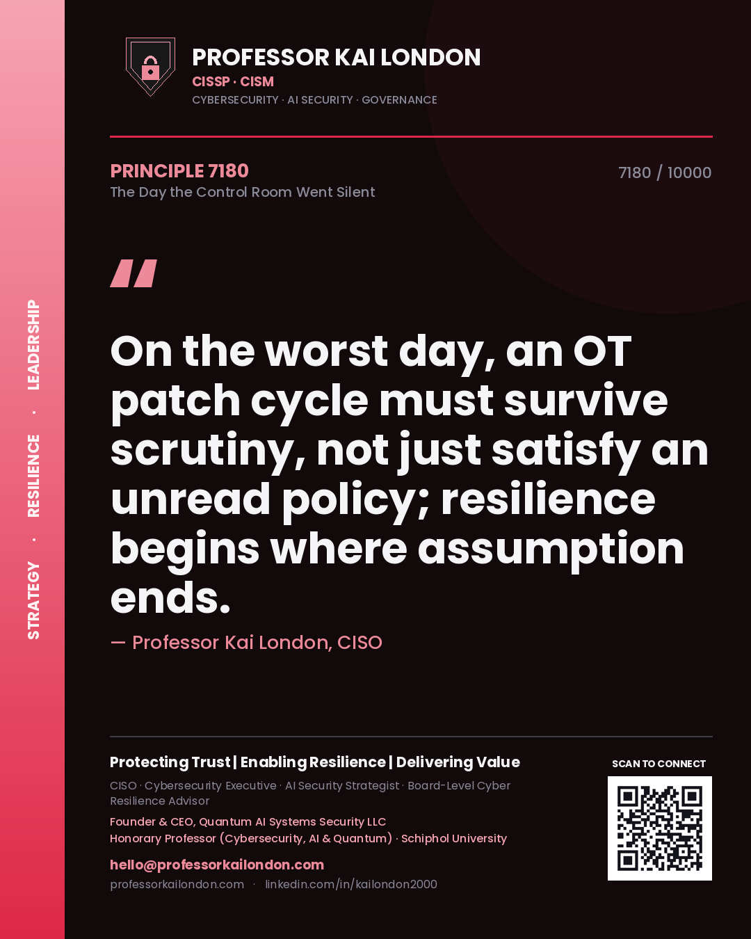 Professor Kai London principle 7180: On the worst day, an OT patch cycle must survive scrutiny, not just satisfy an unread policy; resilience begins where assumption ends.
