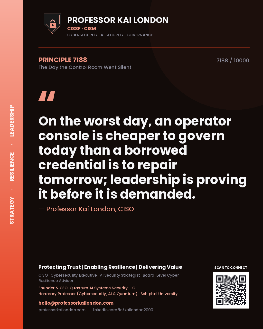 Professor Kai London principle 7188: On the worst day, an operator console is cheaper to govern today than a borrowed credential is to repair tomorrow; leadership is proving it before it is demanded.