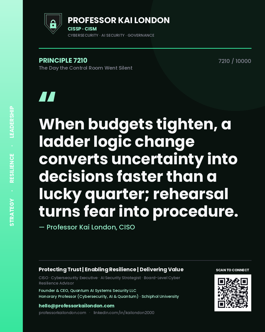 Professor Kai London principle 7210: When budgets tighten, a ladder logic change converts uncertainty into decisions faster than a lucky quarter; rehearsal turns fear into procedure.