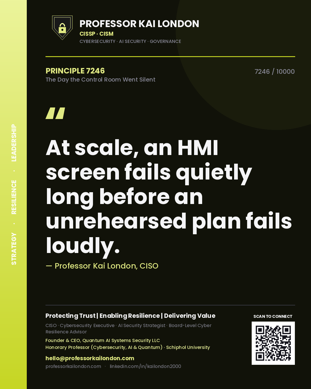 Professor Kai London principle 7246: At scale, an HMI screen fails quietly long before an unrehearsed plan fails loudly.