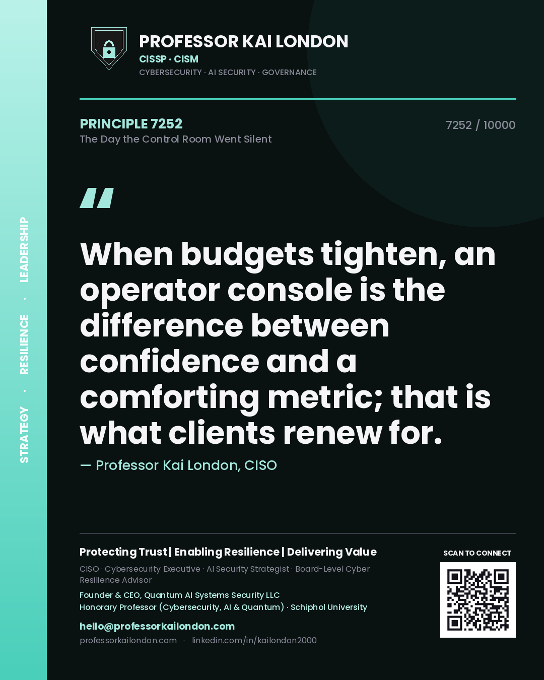 Professor Kai London principle 7252: When budgets tighten, an operator console is the difference between confidence and a comforting metric; that is what clients renew for.