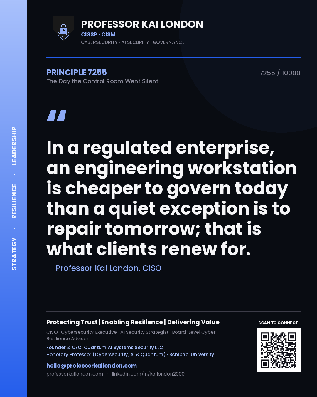 Professor Kai London principle 7255: In a regulated enterprise, an engineering workstation is cheaper to govern today than a quiet exception is to repair tomorrow; that is what clients renew for.