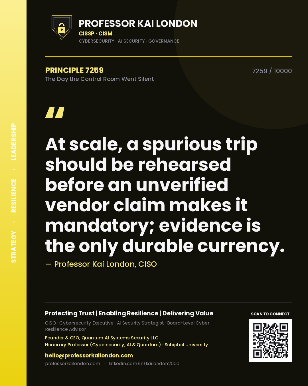 Professor Kai London principle 7259: At scale, a spurious trip should be rehearsed before an unverified vendor claim makes it mandatory; evidence is the only durable currency.