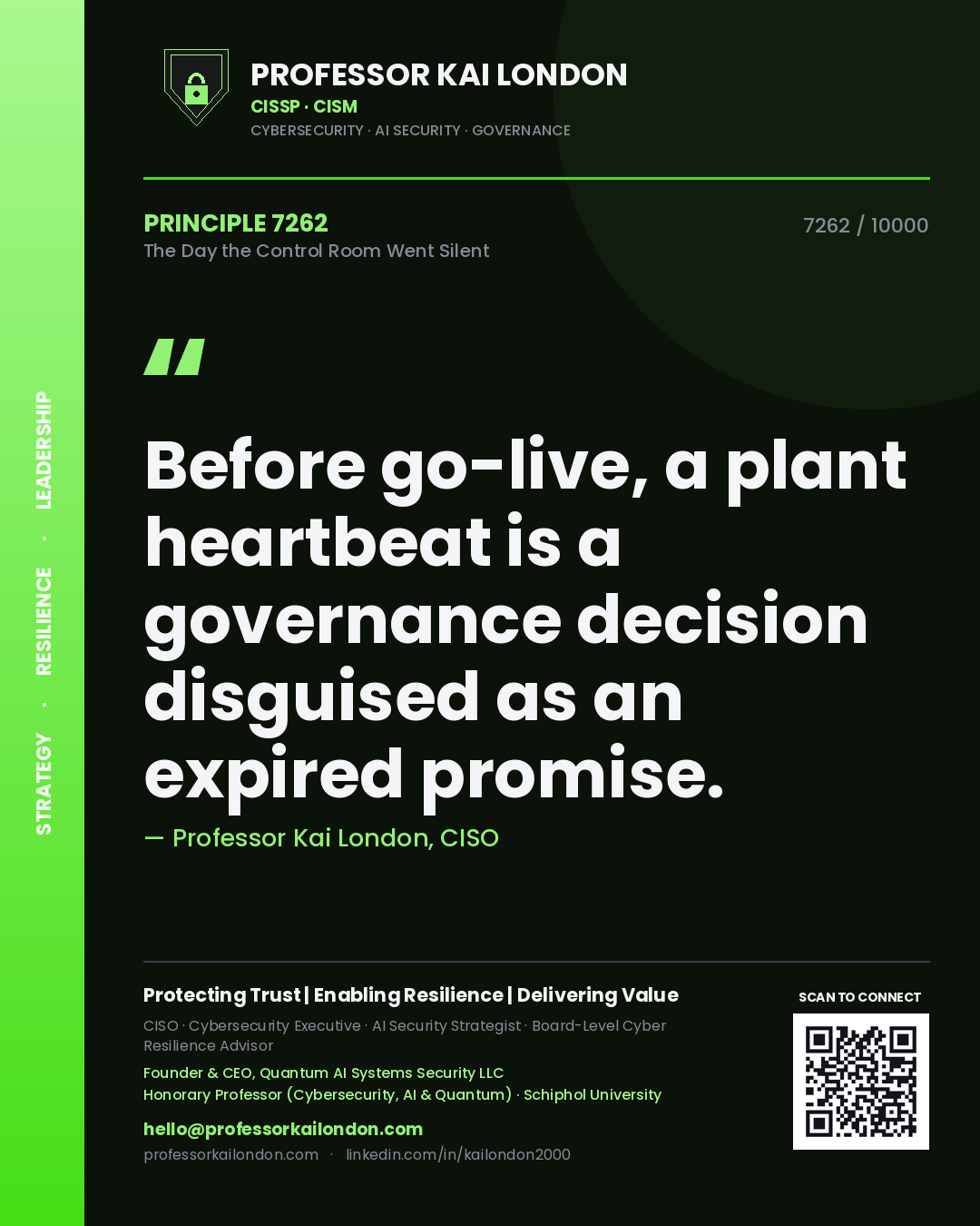 Professor Kai London principle 7262: Before go-live, a plant heartbeat is a governance decision disguised as an expired promise.