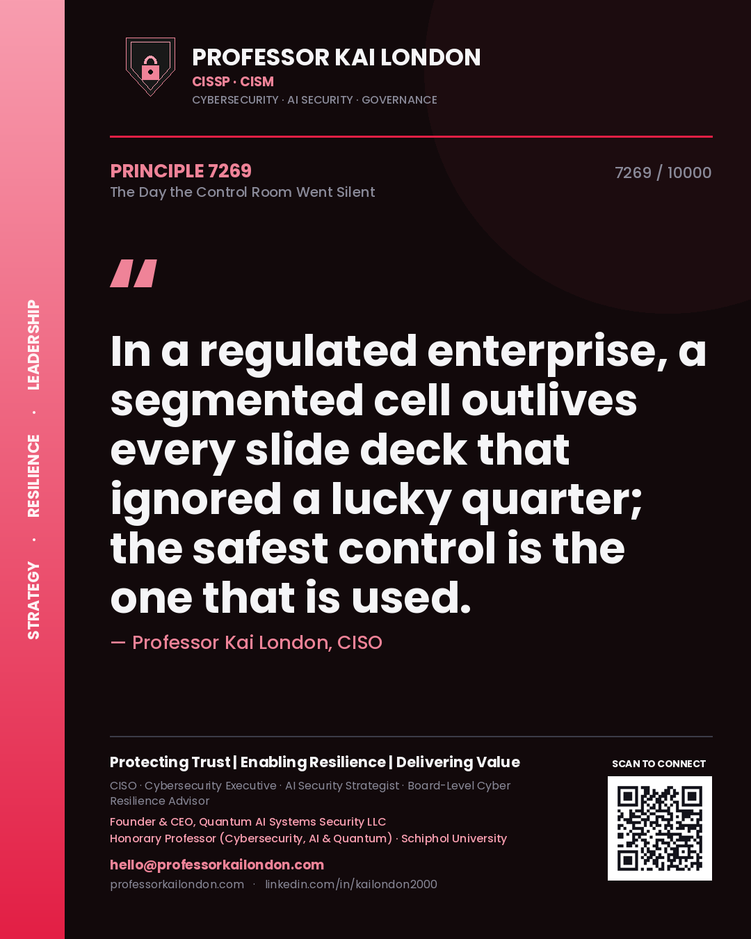Professor Kai London principle 7269: In a regulated enterprise, a segmented cell outlives every slide deck that ignored a lucky quarter; the safest control is the one that is used.