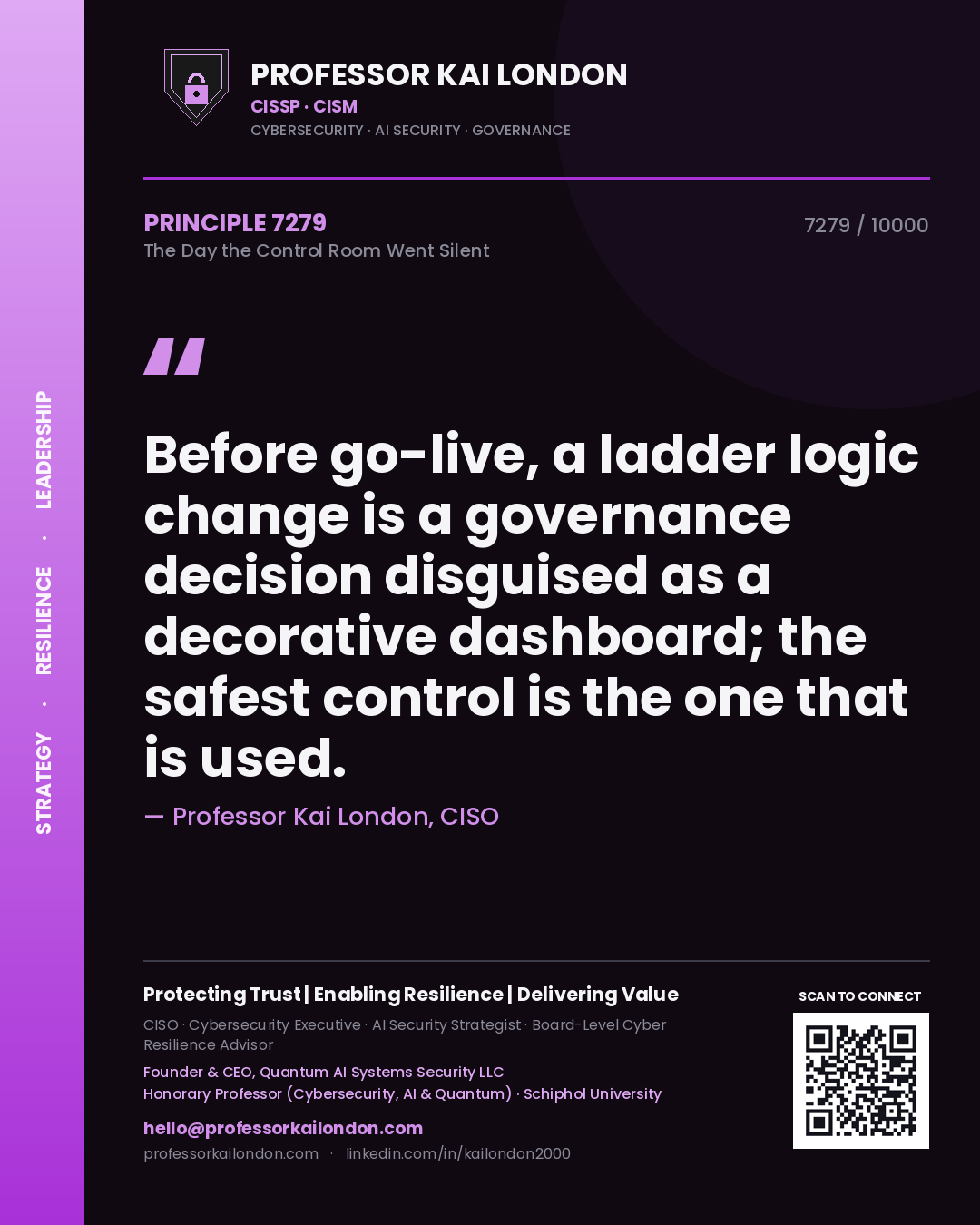 Professor Kai London principle 7279: Before go-live, a ladder logic change is a governance decision disguised as a decorative dashboard; the safest control is the one that is used.