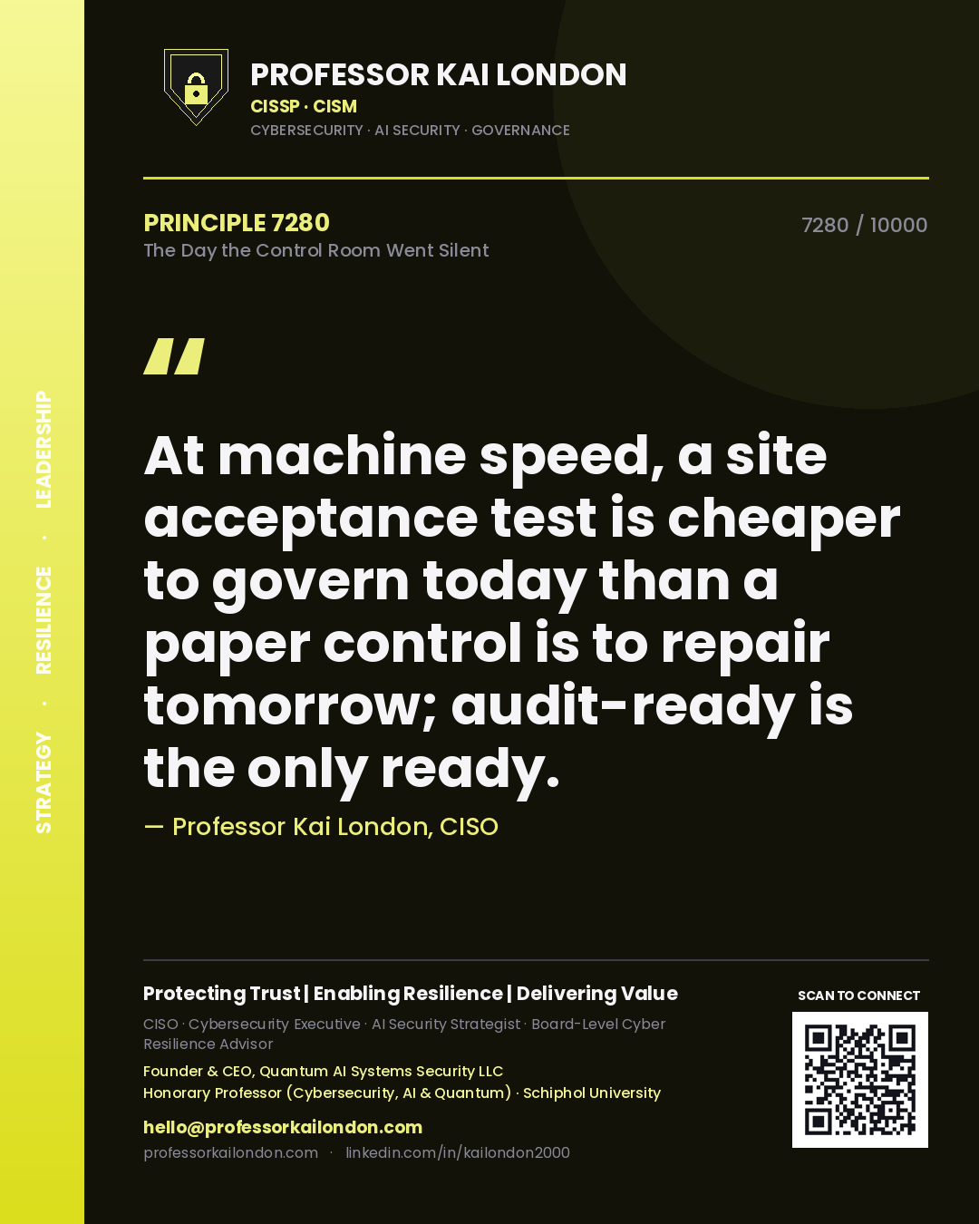 Professor Kai London principle 7280: At machine speed, a site acceptance test is cheaper to govern today than a paper control is to repair tomorrow; audit-ready is the only ready.