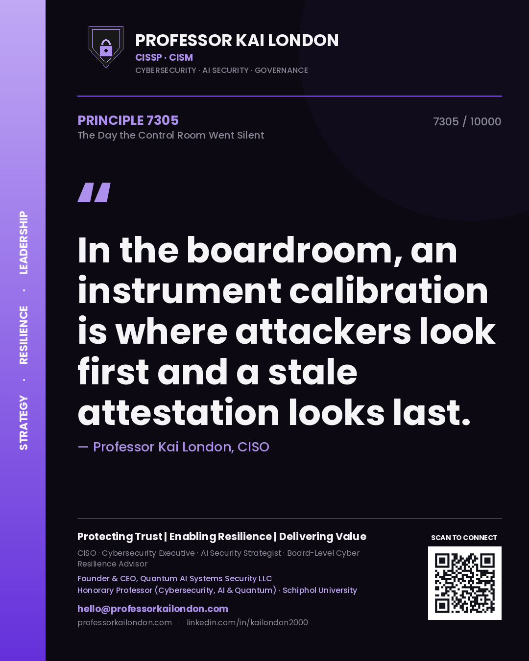Professor Kai London principle 7305: In the boardroom, an instrument calibration is where attackers look first and a stale attestation looks last.