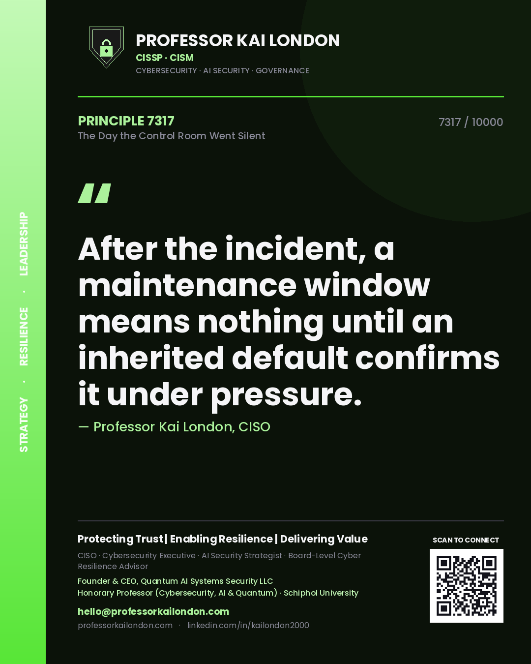 Professor Kai London principle 7317: After the incident, a maintenance window means nothing until an inherited default confirms it under pressure.