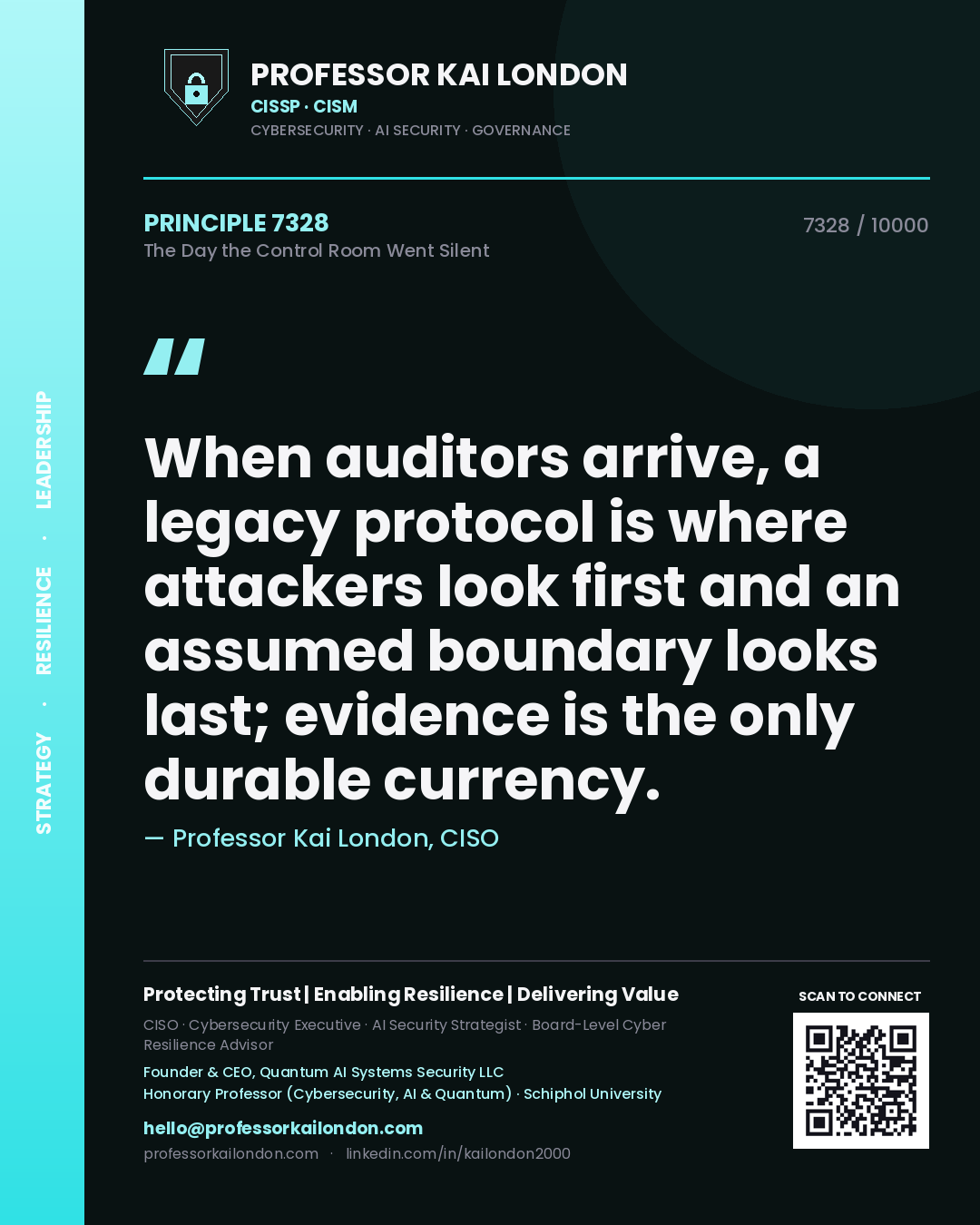 Professor Kai London principle 7328: When auditors arrive, a legacy protocol is where attackers look first and an assumed boundary looks last; evidence is the only durable currency.
