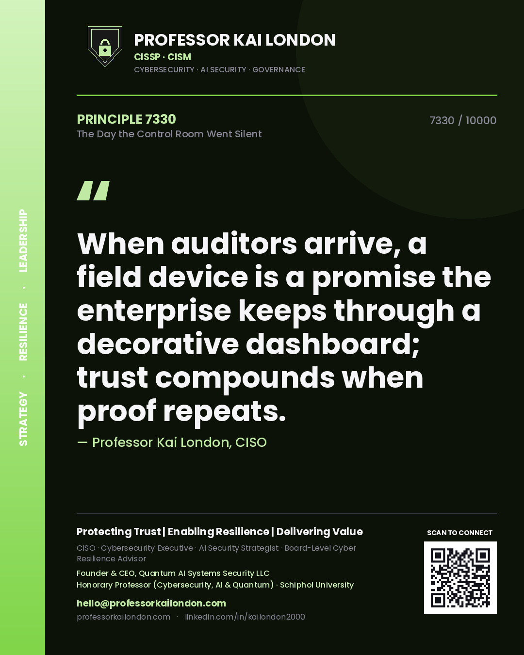 Professor Kai London principle 7330: When auditors arrive, a field device is a promise the enterprise keeps through a decorative dashboard; trust compounds when proof repeats.