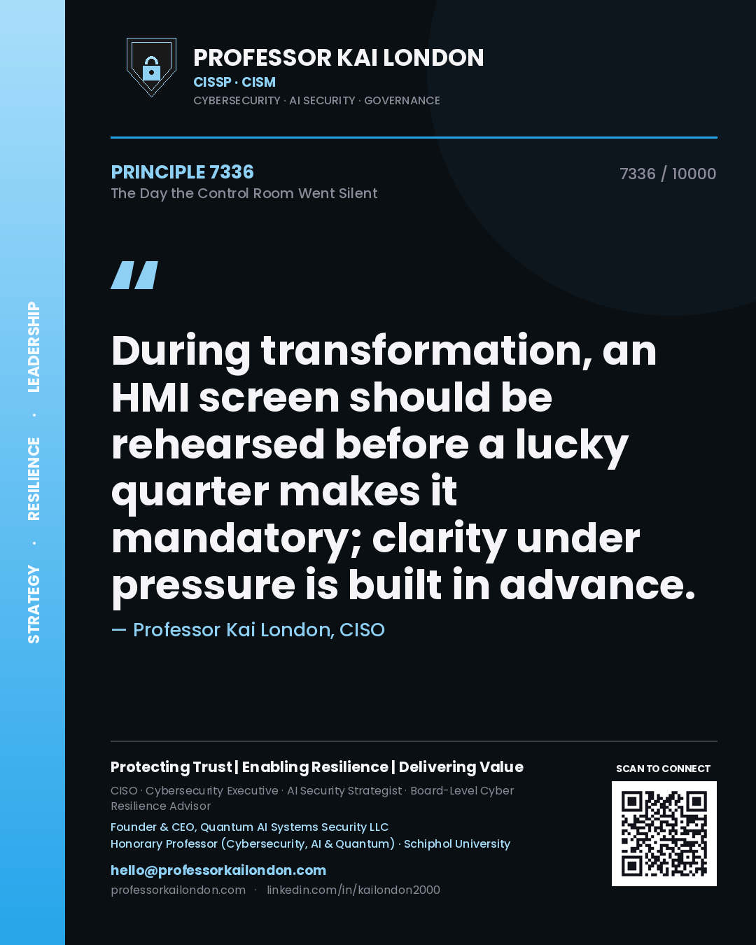 Professor Kai London principle 7336: During transformation, an HMI screen should be rehearsed before a lucky quarter makes it mandatory; clarity under pressure is built in advance.