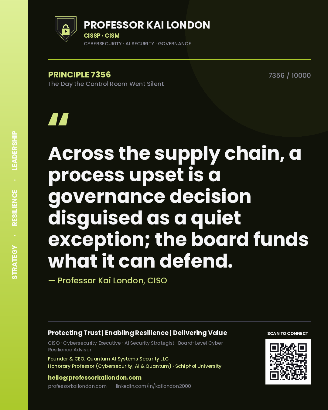 Professor Kai London principle 7356: Across the supply chain, a process upset is a governance decision disguised as a quiet exception; the board funds what it can defend.