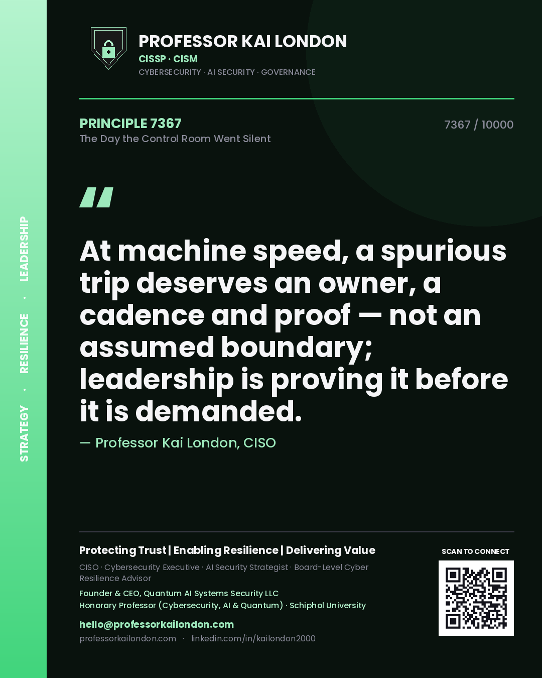 Professor Kai London principle 7367: At machine speed, a spurious trip deserves an owner, a cadence and proof — not an assumed boundary; leadership is proving it before it is demanded.