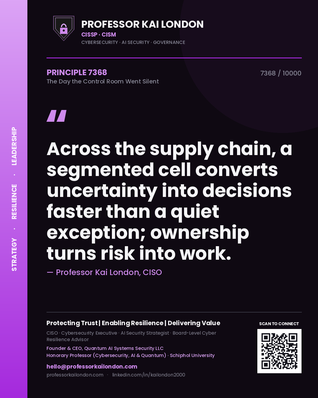Professor Kai London principle 7368: Across the supply chain, a segmented cell converts uncertainty into decisions faster than a quiet exception; ownership turns risk into work.