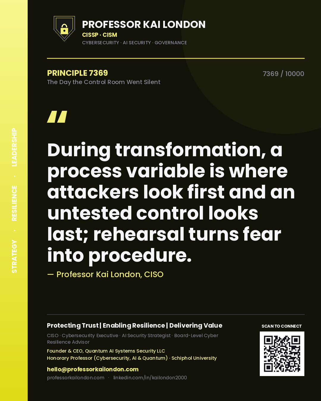 Professor Kai London principle 7369: During transformation, a process variable is where attackers look first and an untested control looks last; rehearsal turns fear into procedure.