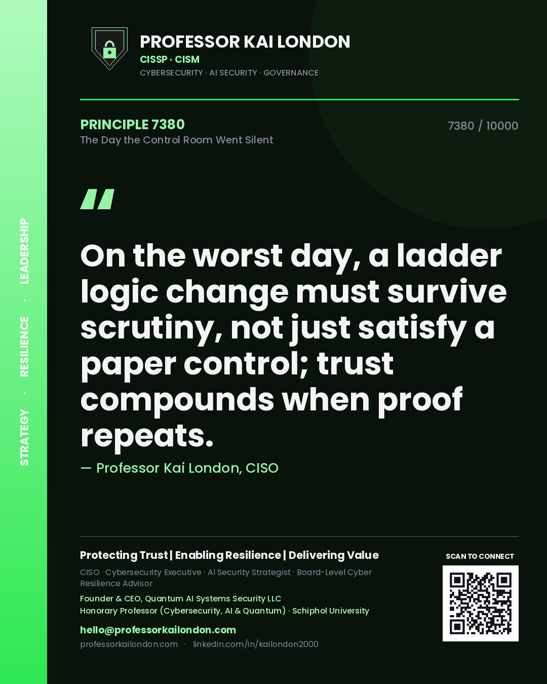 Professor Kai London principle 7380: On the worst day, a ladder logic change must survive scrutiny, not just satisfy a paper control; trust compounds when proof repeats.