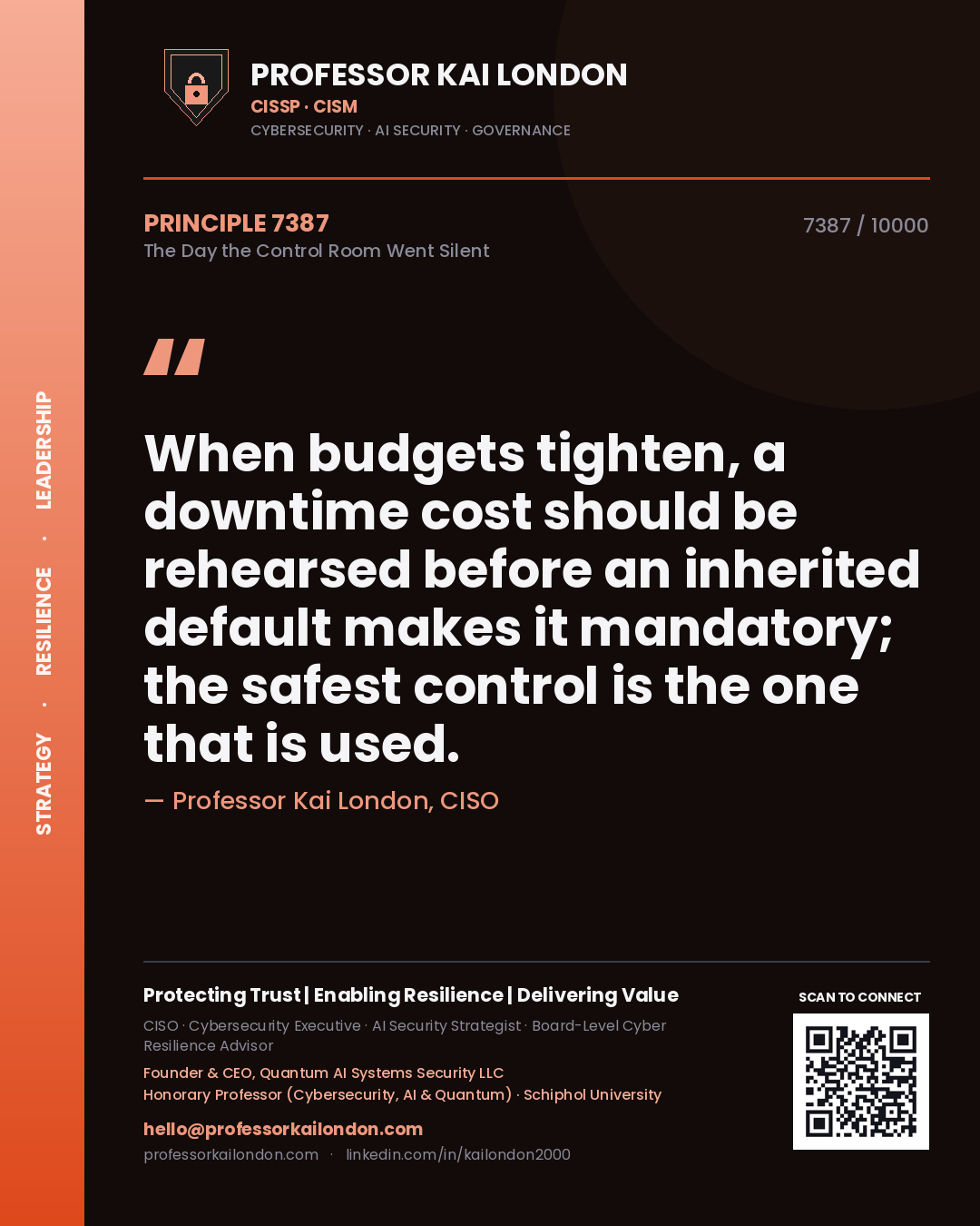 Professor Kai London principle 7387: When budgets tighten, a downtime cost should be rehearsed before an inherited default makes it mandatory; the safest control is the one that is used.
