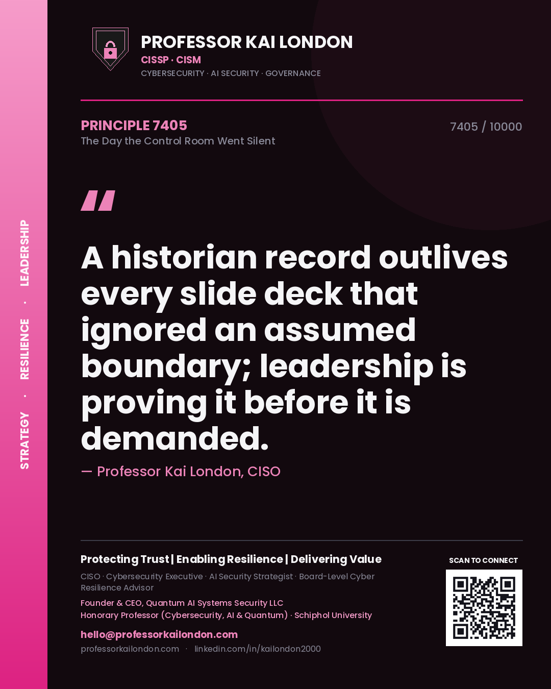 Professor Kai London principle 7405: A historian record outlives every slide deck that ignored an assumed boundary; leadership is proving it before it is demanded.