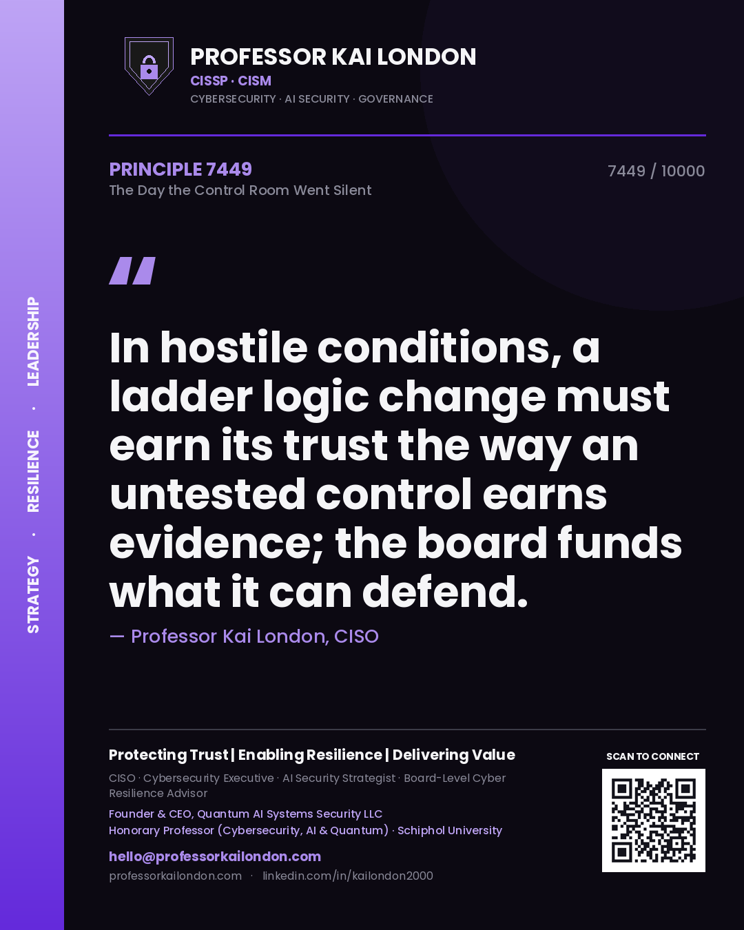 Professor Kai London principle 7449: In hostile conditions, a ladder logic change must earn its trust the way an untested control earns evidence; the board funds what it can defend.