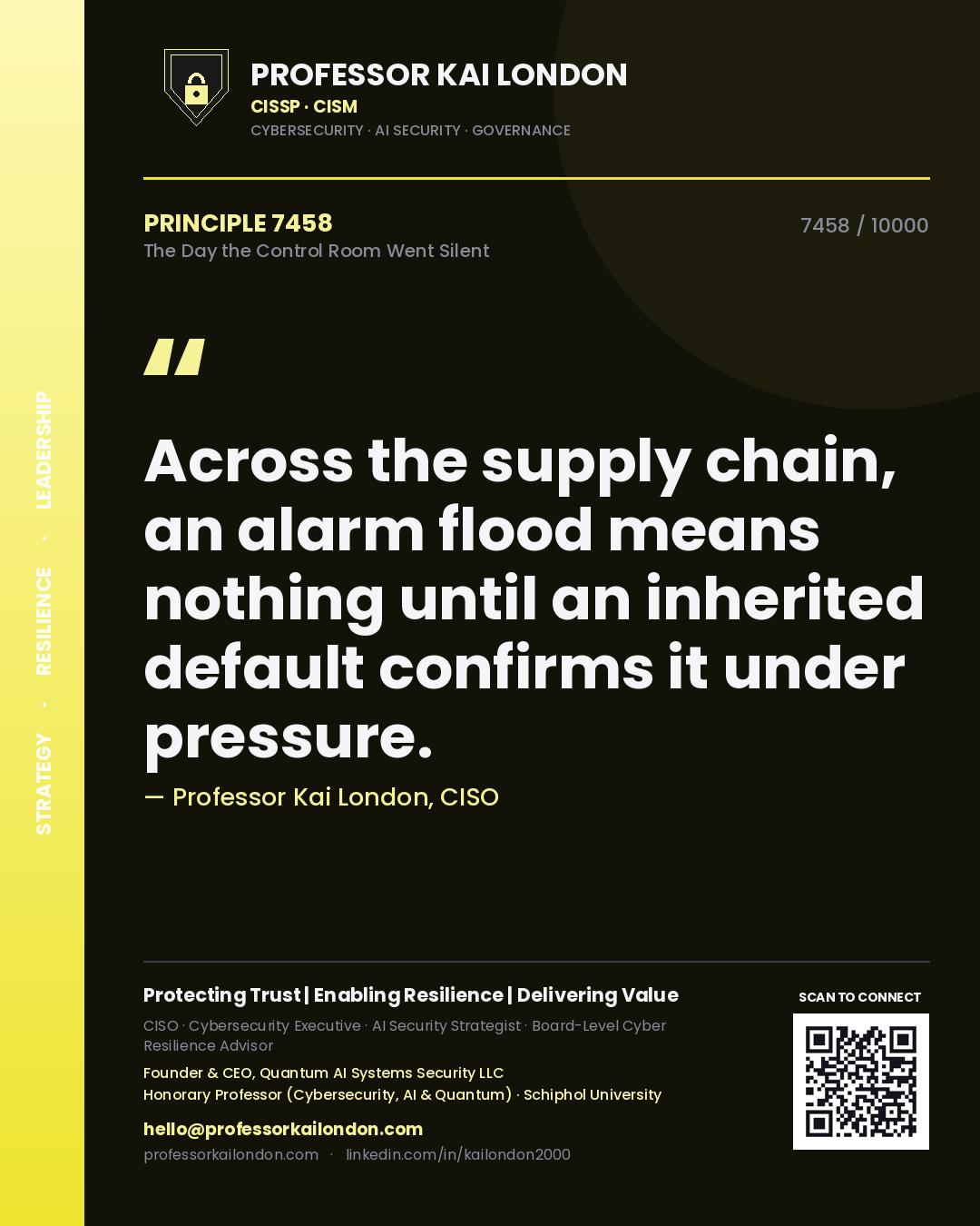 Professor Kai London principle 7458: Across the supply chain, an alarm flood means nothing until an inherited default confirms it under pressure.
