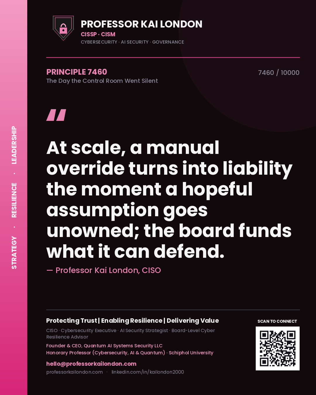 Professor Kai London principle 7460: At scale, a manual override turns into liability the moment a hopeful assumption goes unowned; the board funds what it can defend.