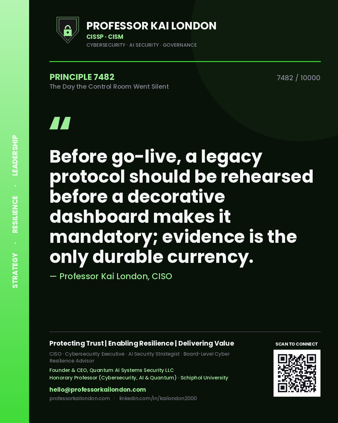 Professor Kai London principle 7482: Before go-live, a legacy protocol should be rehearsed before a decorative dashboard makes it mandatory; evidence is the only durable currency.