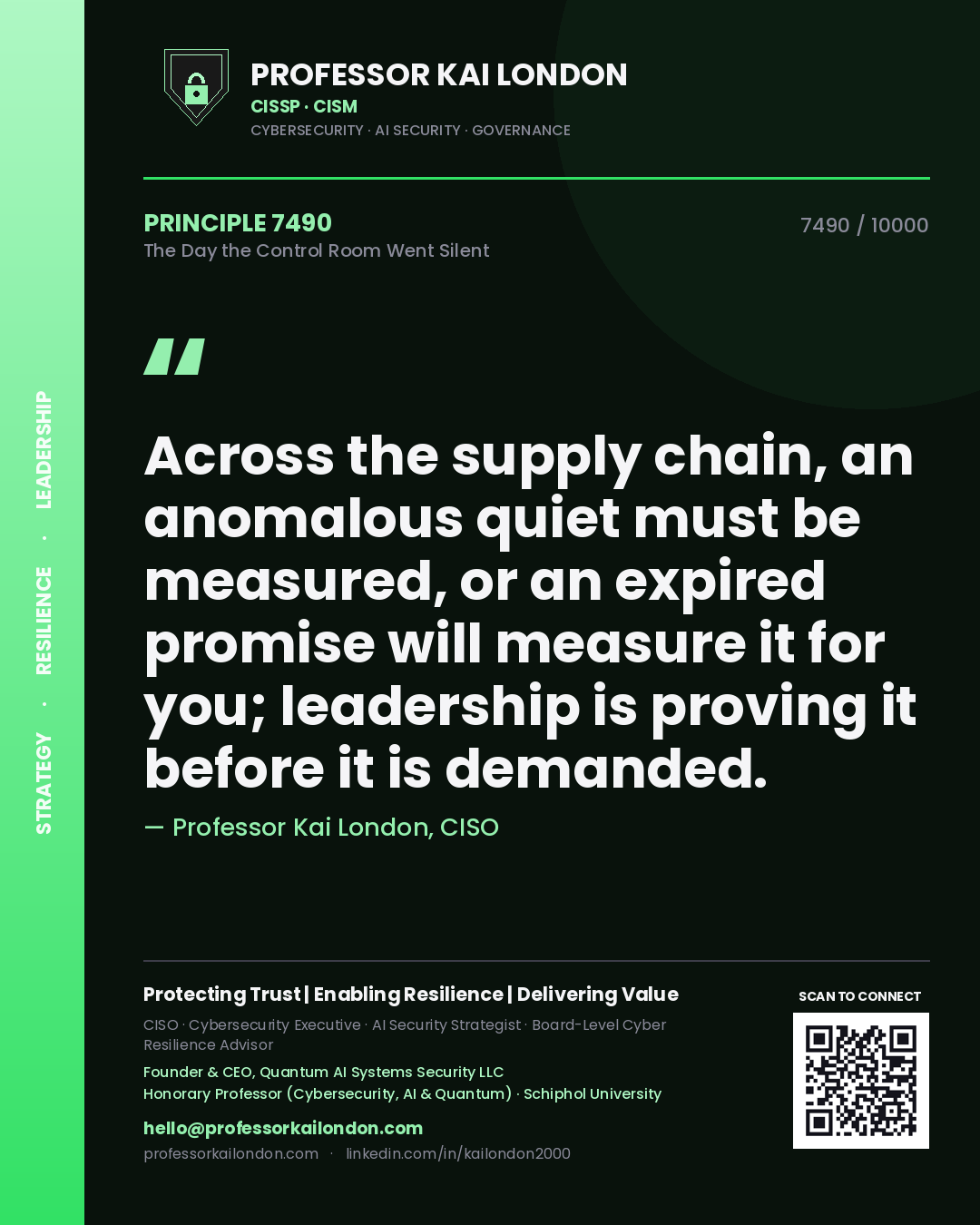Professor Kai London principle 7490: Across the supply chain, an anomalous quiet must be measured, or an expired promise will measure it for you; leadership is proving it before it is demanded.