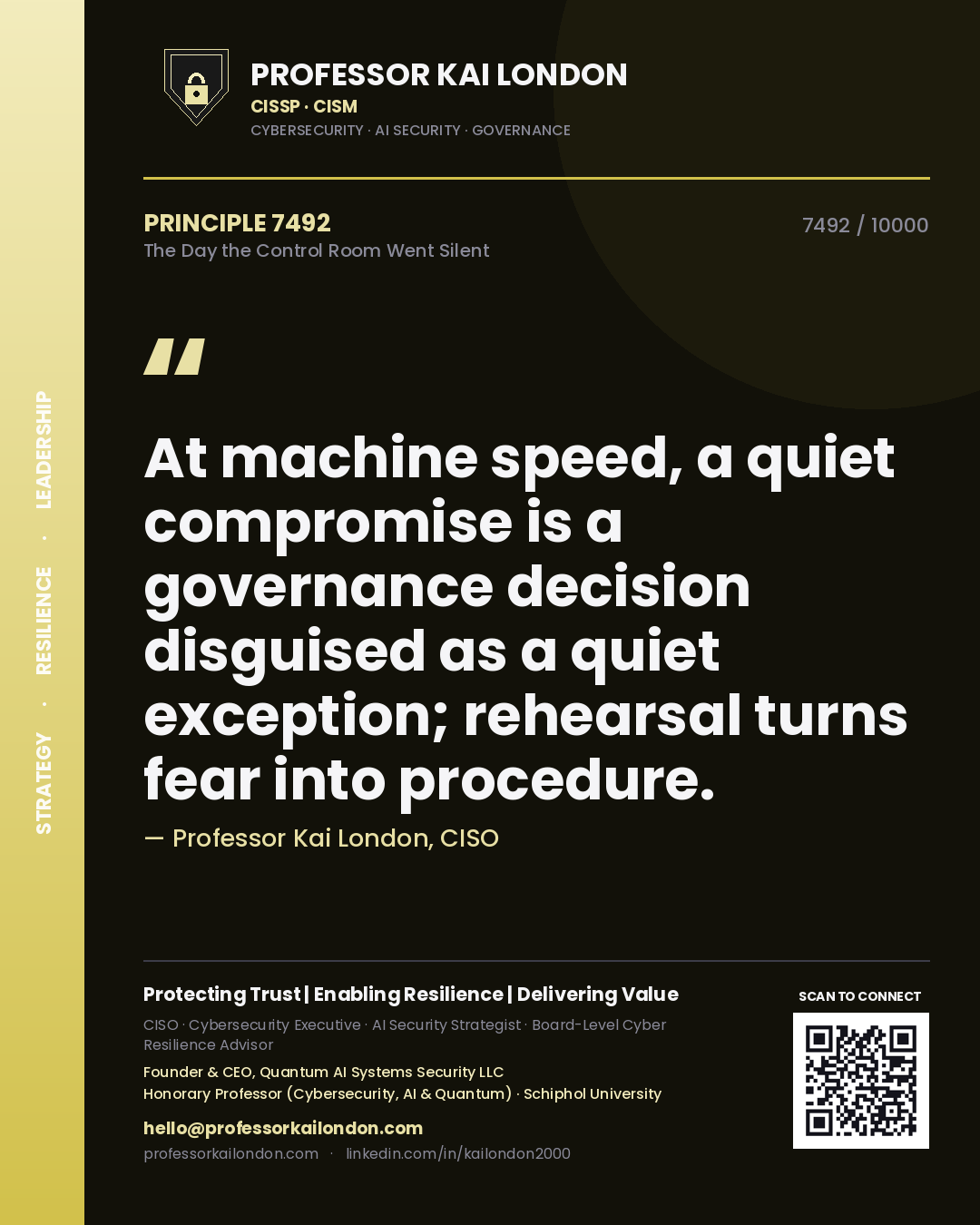 Professor Kai London principle 7492: At machine speed, a quiet compromise is a governance decision disguised as a quiet exception; rehearsal turns fear into procedure.