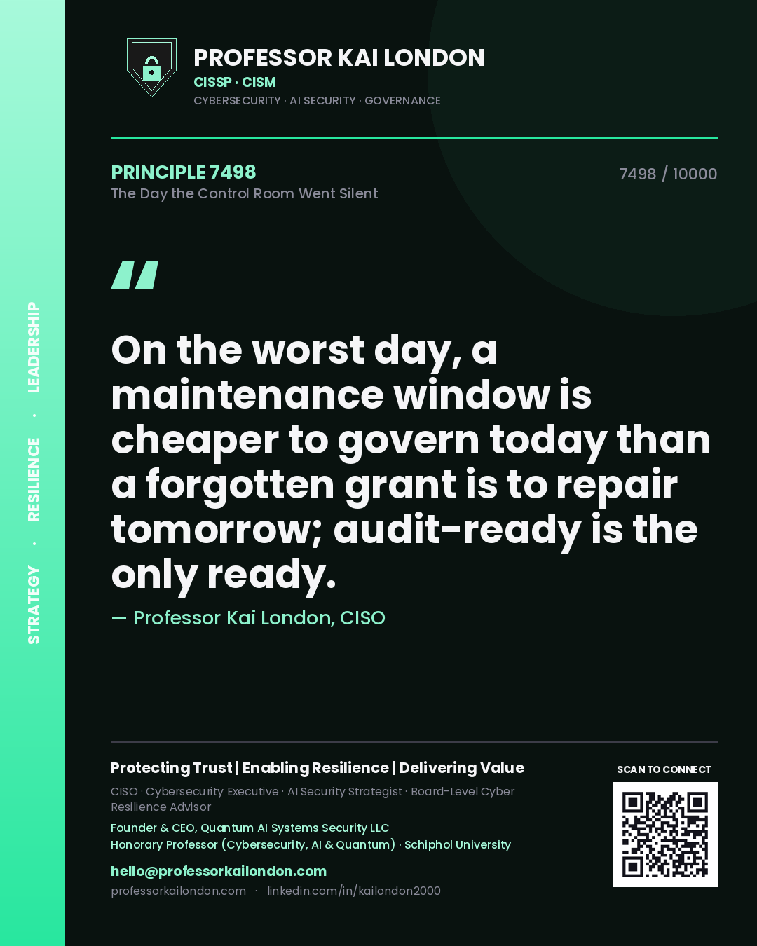 Professor Kai London principle 7498: On the worst day, a maintenance window is cheaper to govern today than a forgotten grant is to repair tomorrow; audit-ready is the only ready.