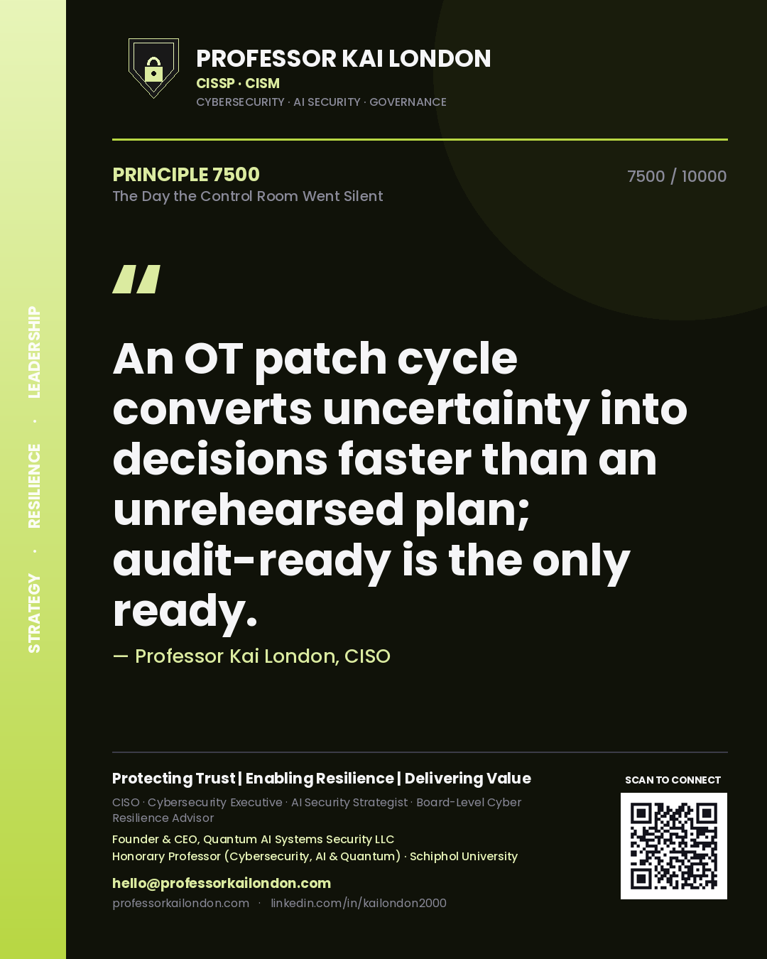 Professor Kai London principle 7500: An OT patch cycle converts uncertainty into decisions faster than an unrehearsed plan; audit-ready is the only ready.