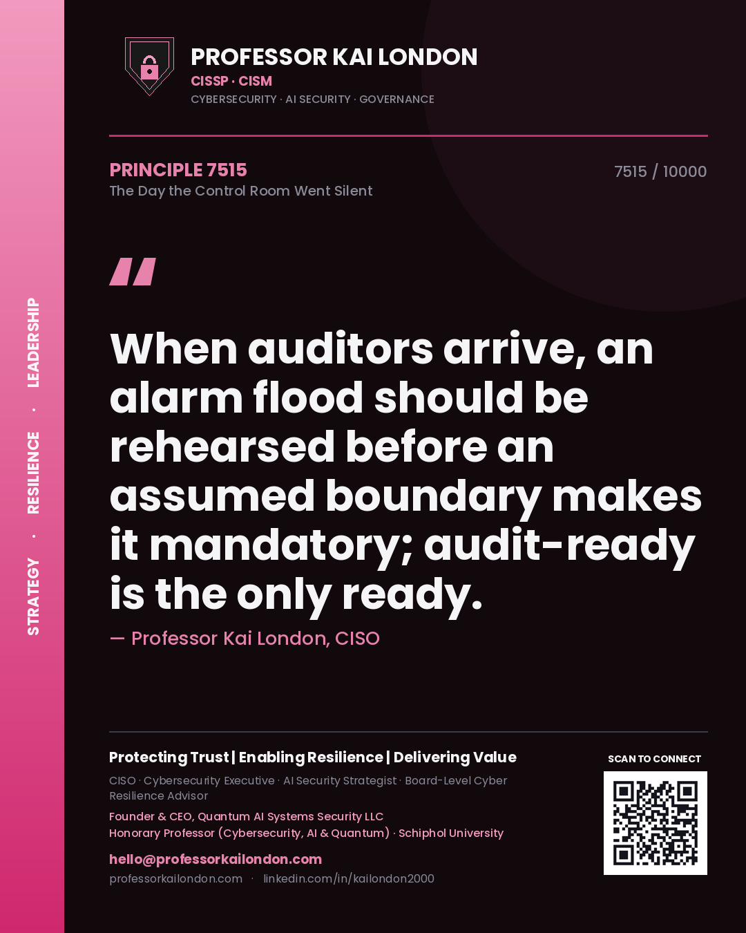 Professor Kai London principle 7515: When auditors arrive, an alarm flood should be rehearsed before an assumed boundary makes it mandatory; audit-ready is the only ready.