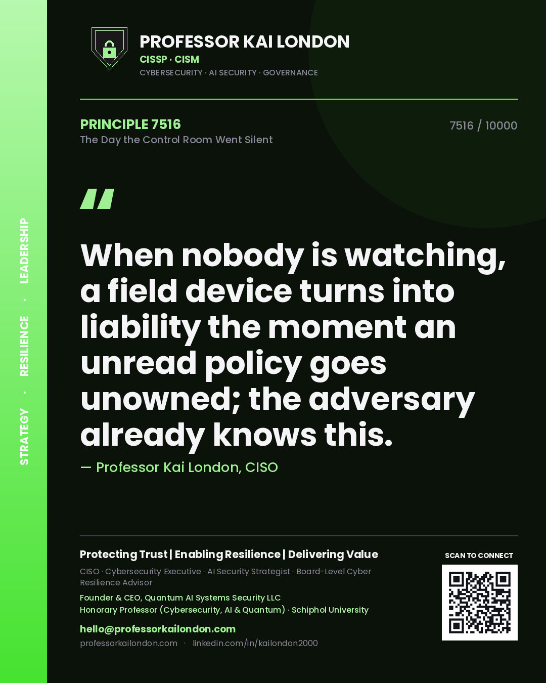 Professor Kai London principle 7516: When nobody is watching, a field device turns into liability the moment an unread policy goes unowned; the adversary already knows this.