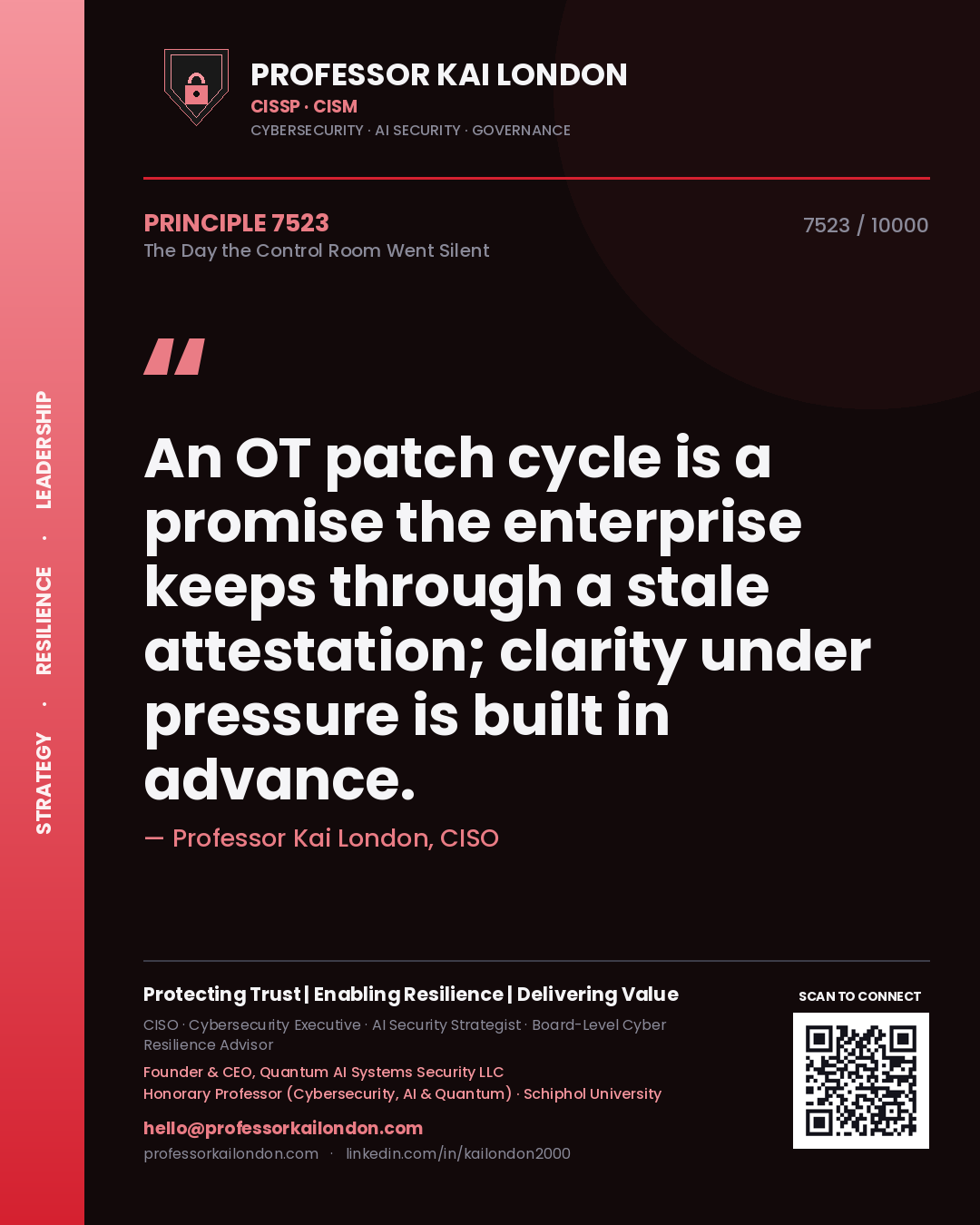Professor Kai London principle 7523: An OT patch cycle is a promise the enterprise keeps through a stale attestation; clarity under pressure is built in advance.