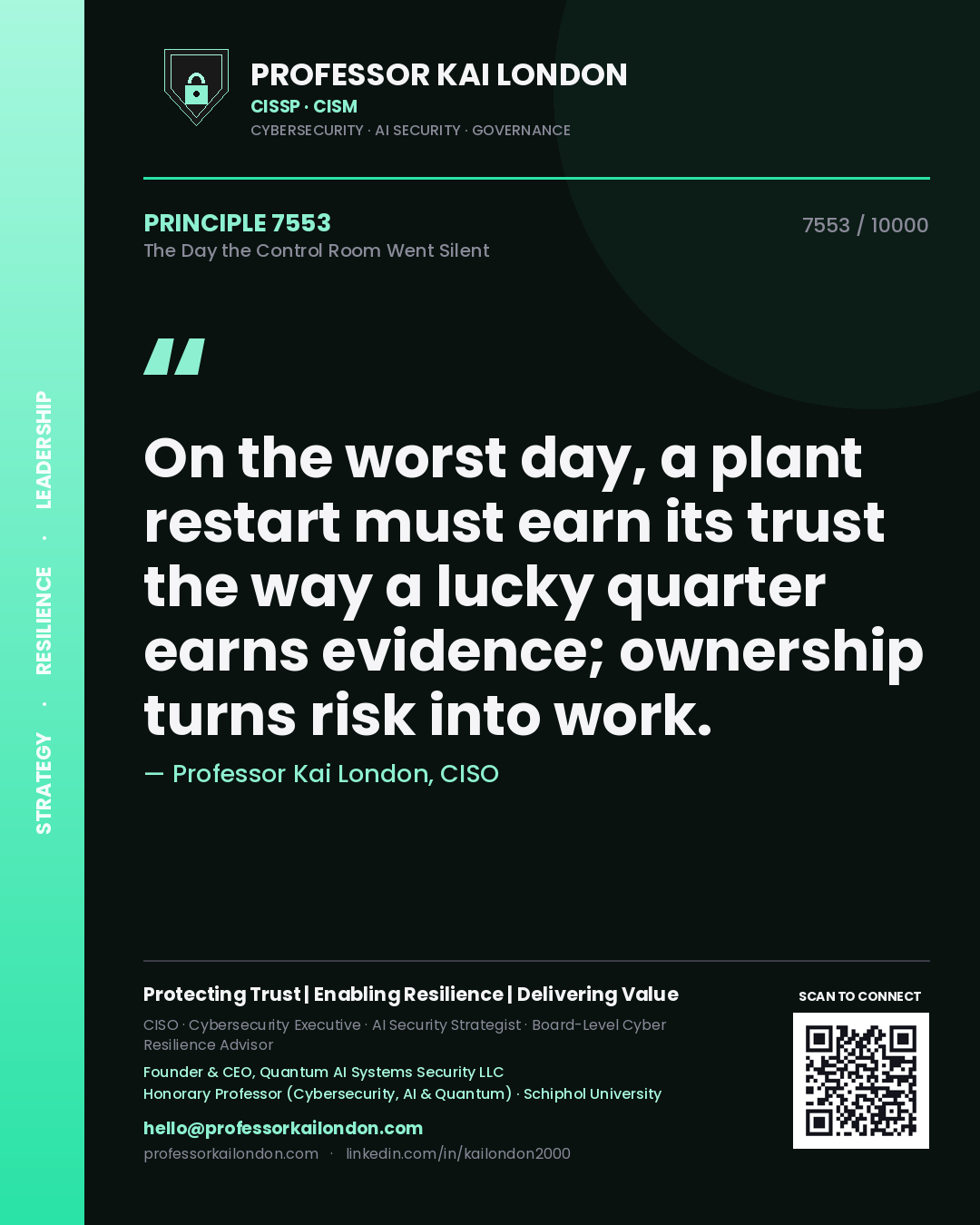 Professor Kai London principle 7553: On the worst day, a plant restart must earn its trust the way a lucky quarter earns evidence; ownership turns risk into work.