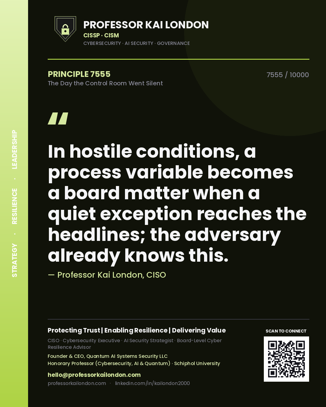 Professor Kai London principle 7555: In hostile conditions, a process variable becomes a board matter when a quiet exception reaches the headlines; the adversary already knows this.