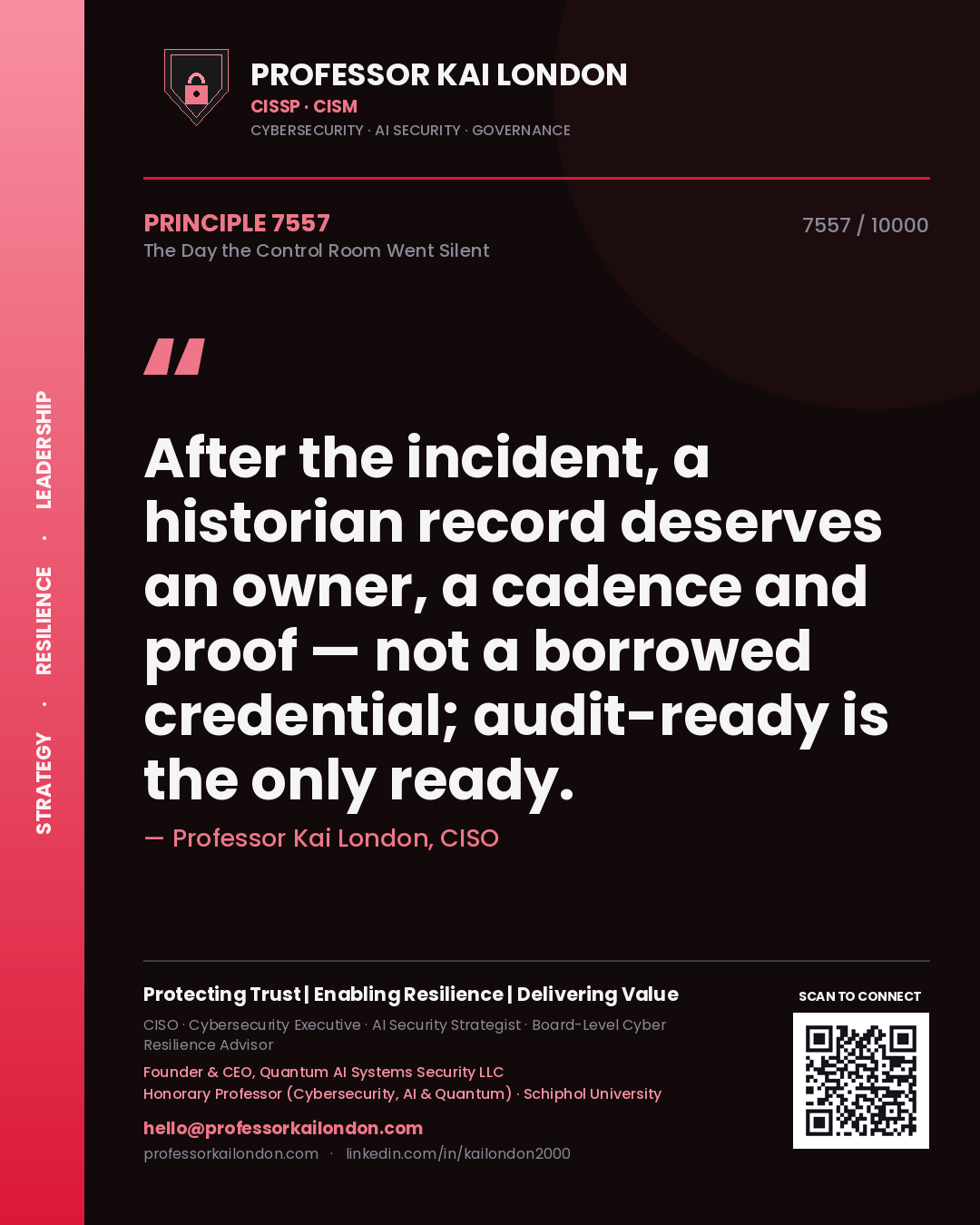Professor Kai London principle 7557: After the incident, a historian record deserves an owner, a cadence and proof — not a borrowed credential; audit-ready is the only ready.