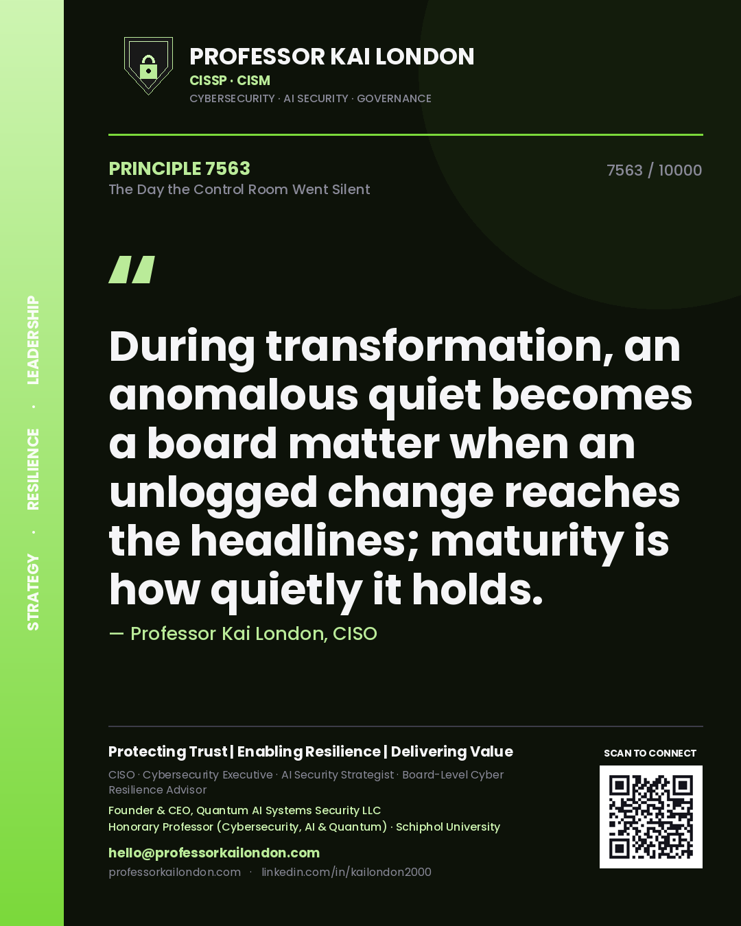 Professor Kai London principle 7563: During transformation, an anomalous quiet becomes a board matter when an unlogged change reaches the headlines; maturity is how quietly it holds.