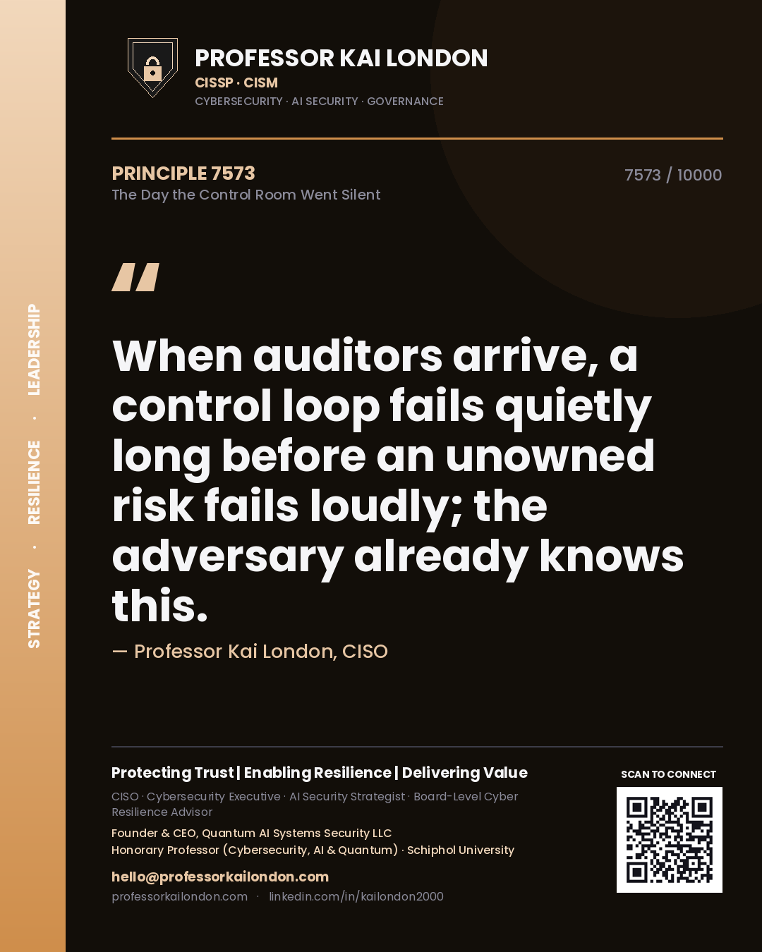 Professor Kai London principle 7573: When auditors arrive, a control loop fails quietly long before an unowned risk fails loudly; the adversary already knows this.