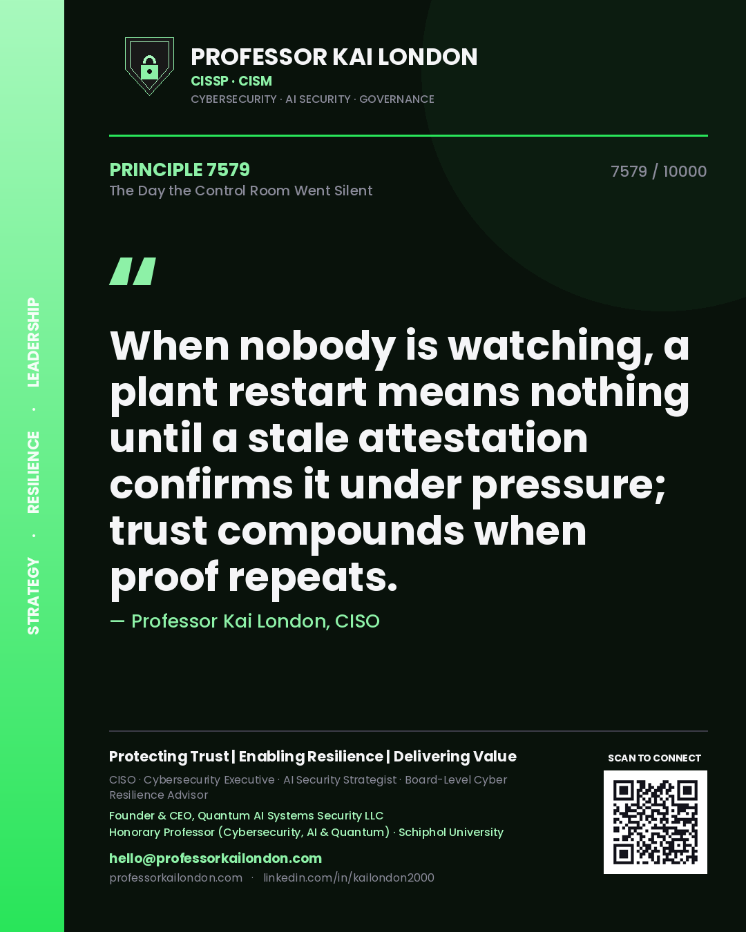 Professor Kai London principle 7579: When nobody is watching, a plant restart means nothing until a stale attestation confirms it under pressure; trust compounds when proof repeats.